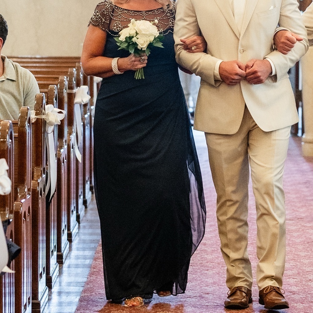 Xscape Beaded Yoke Cap Sleeve Round Neck Ruched Cascade Ruffle
Side Gown - Picture 3 of 12
